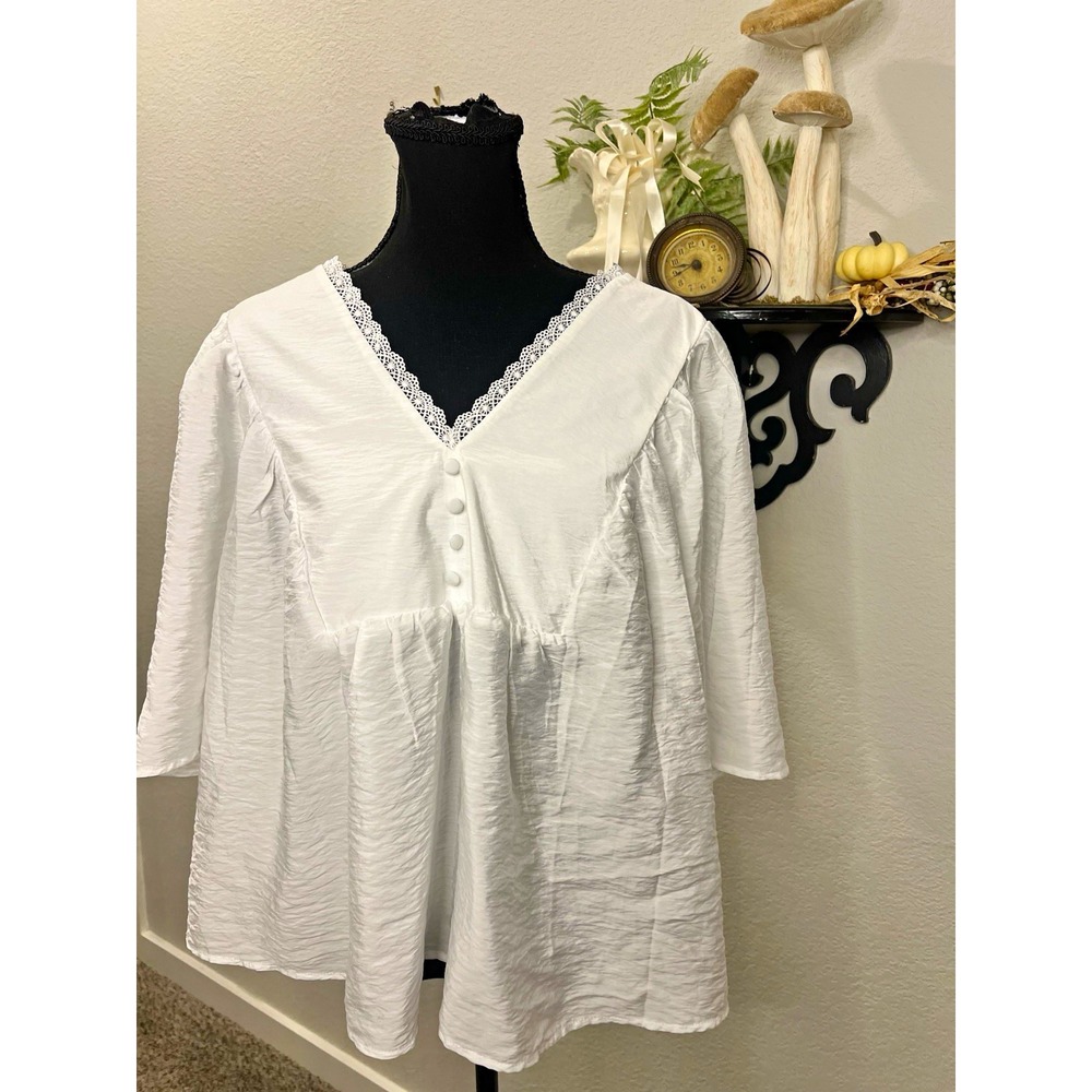 Cato White V-Neck Lace Trim Dolman Style Blouse Sz L Shabby Chic Cottage Coastal